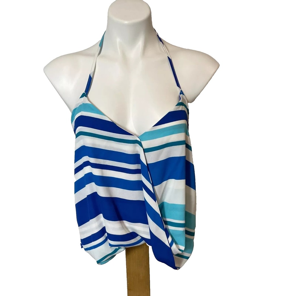 Everly Striped Swimwear Tankini‎ Tops Womens S Multicolor Halter Backless USA